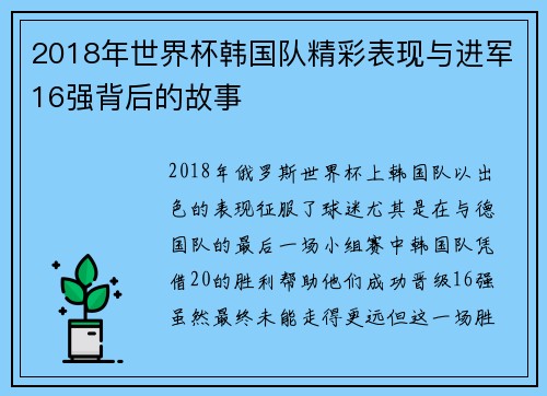 2018年世界杯韩国队精彩表现与进军16强背后的故事