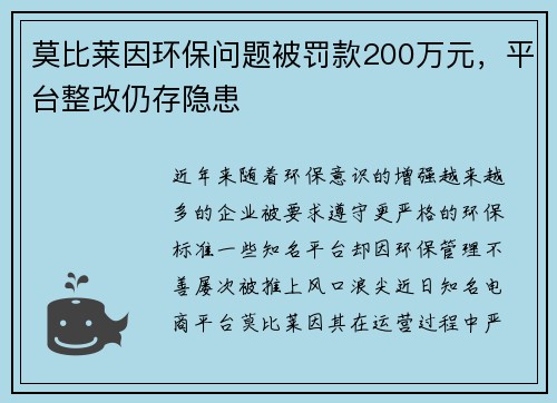 莫比莱因环保问题被罚款200万元，平台整改仍存隐患