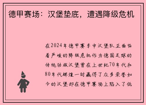 德甲赛场：汉堡垫底，遭遇降级危机