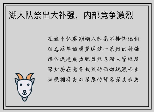 湖人队祭出大补强，内部竞争激烈