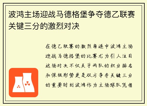波鸿主场迎战马德格堡争夺德乙联赛关键三分的激烈对决