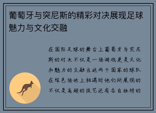 葡萄牙与突尼斯的精彩对决展现足球魅力与文化交融