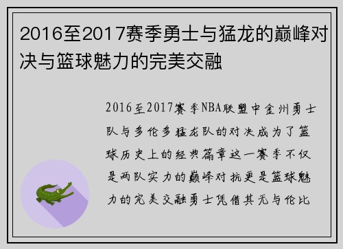 2016至2017赛季勇士与猛龙的巅峰对决与篮球魅力的完美交融