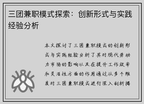 三团兼职模式探索：创新形式与实践经验分析